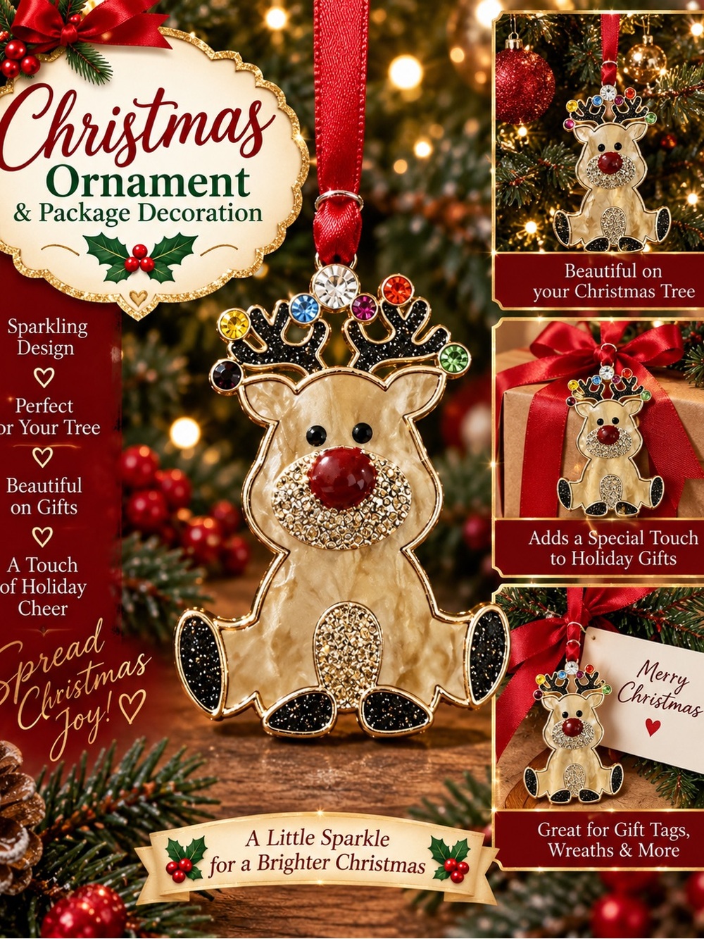 Sparkling Gold Reindeer Ornament with Red Accents